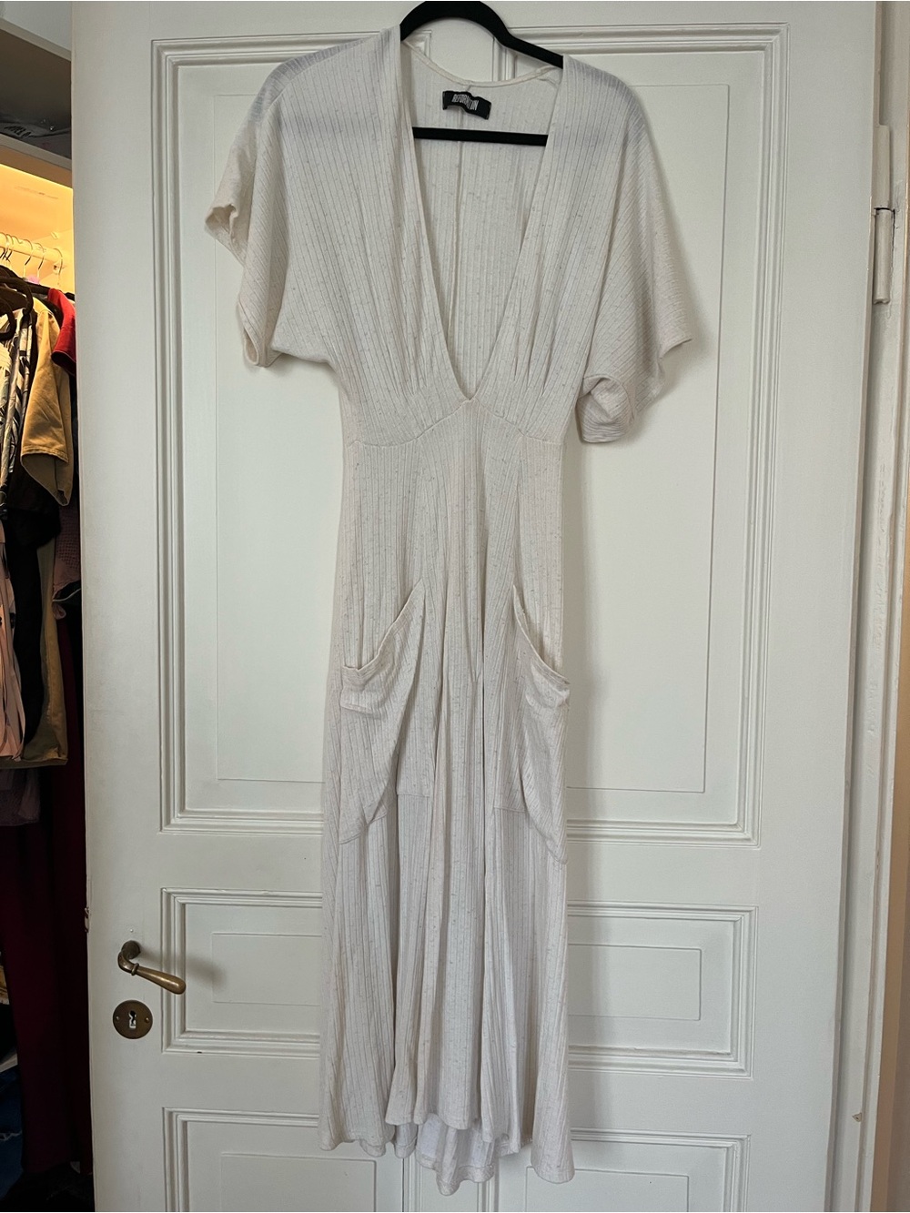 Midi Reformation Ansel Midi Dress Plunge Neckline Cream Ivory Soft Ribbed